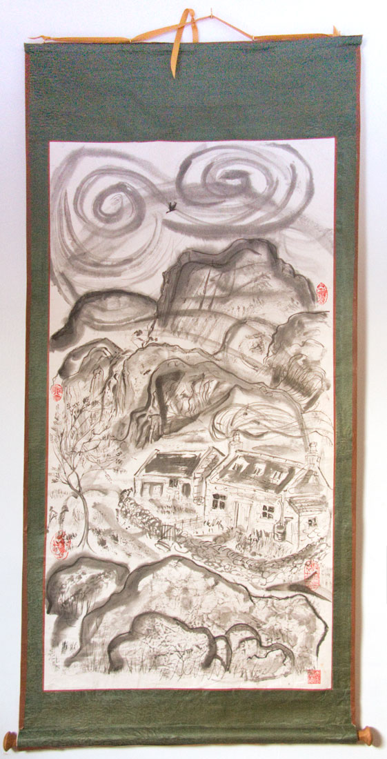 Ink Scroll painting by D. W. Hood, Dwelling in The Mountains 